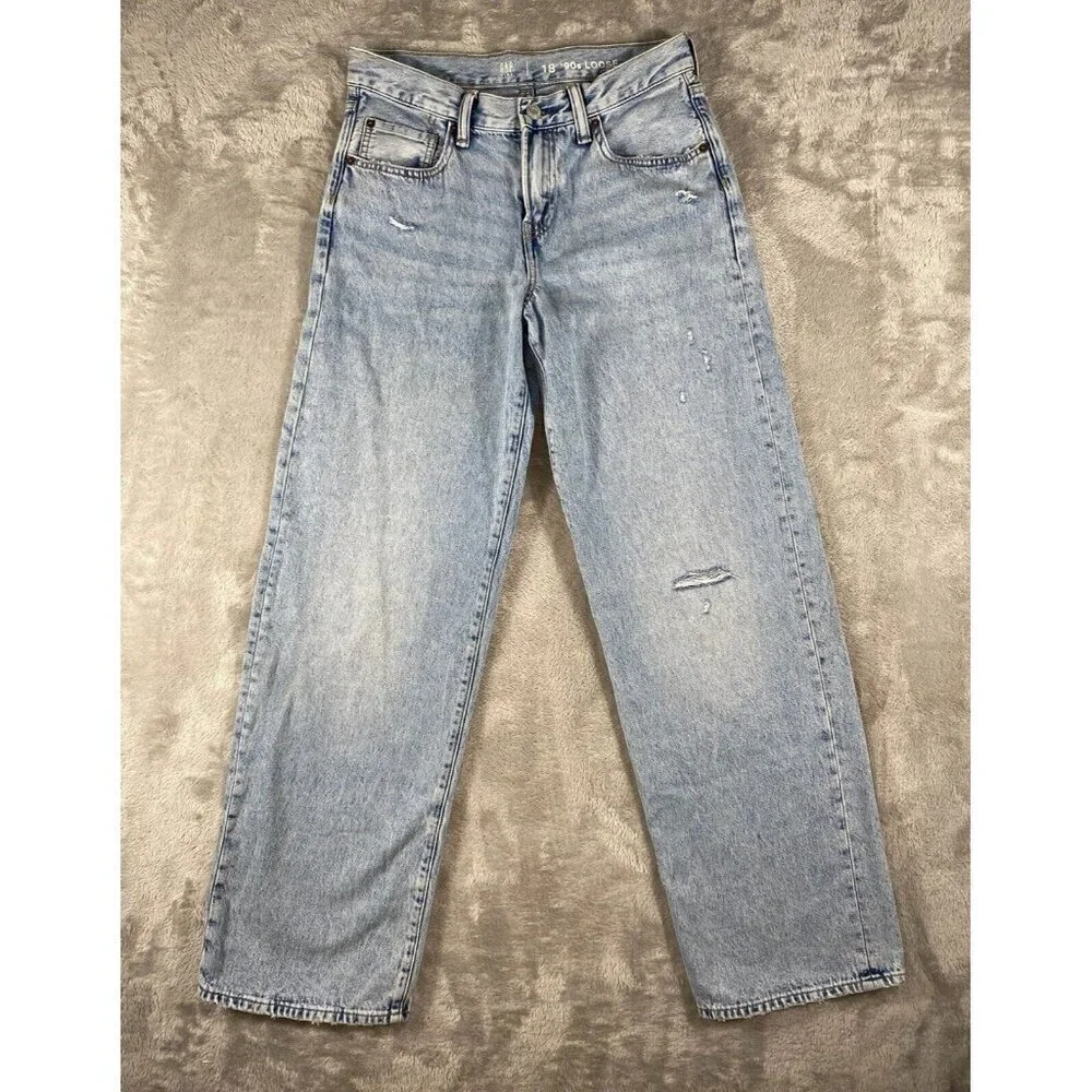 GAP Kids ‘90s Loose Fit Jeans - Size 18 - Light Wash Distressed Denim